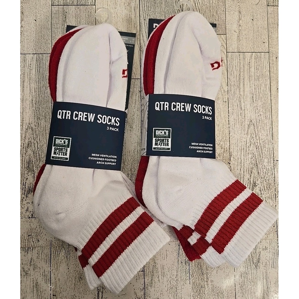 Mens Quarter Crew Socks LARGE 3pk RED Baseball Stripe Cushioned Lot of 2 NEW